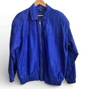 Fuda International Silk Quilted Studded Bomber Jacket Blue XL